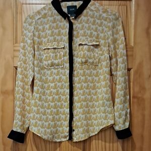 Maeve Yellow Horse-Print Button-Up Blouse with Blue Trim